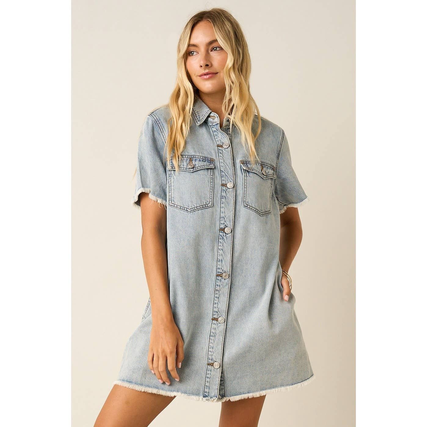 WASHED DENIM SHORT SLEEVE DRESS, Size: S