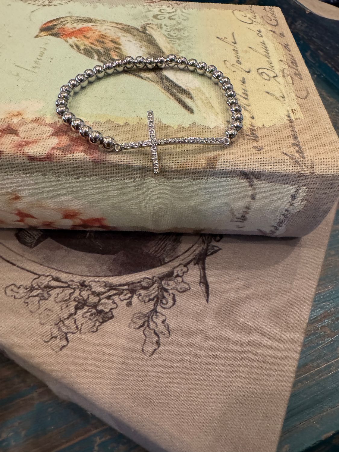 Silver Beaded Bracelet w/Cross