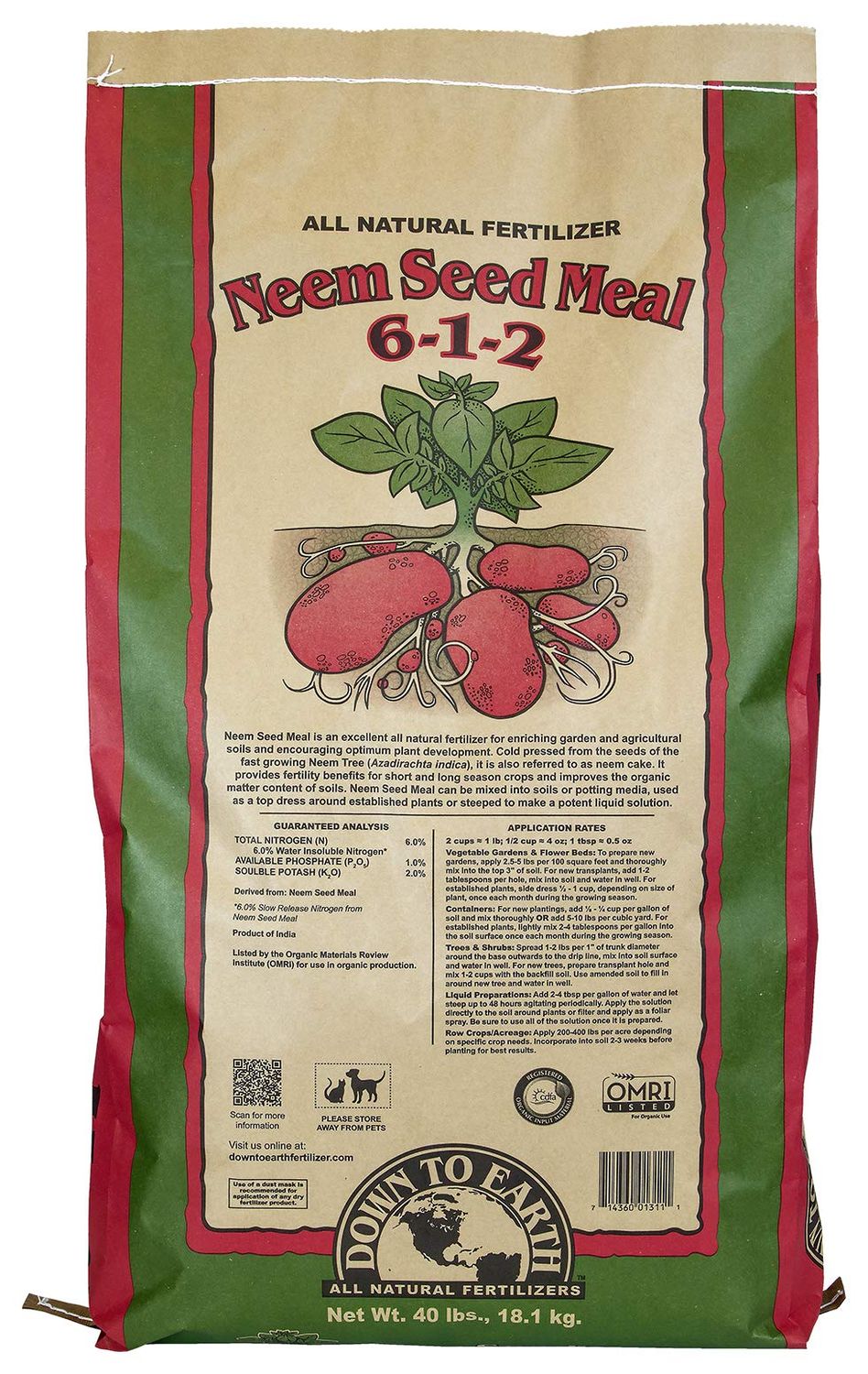 Down to Earth Neem Seed Meal, 40 lbs