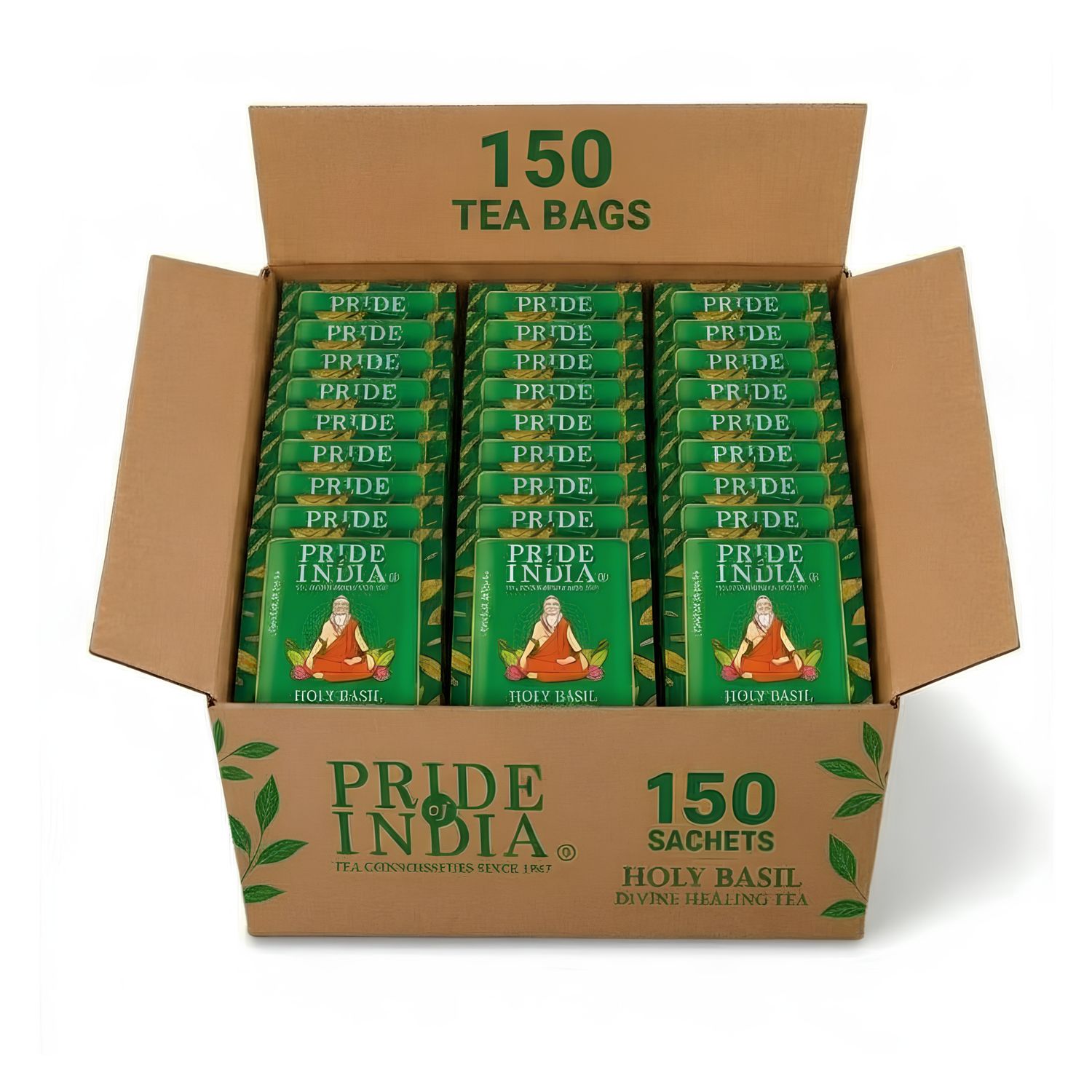 Pride of India Holy Basil Herbal Tea - 150 Individually Wrapped Full Leaf Pyramid Tea Bags | Tulsi Tea Bulk  Pack for Food Service, Cafes, Hotels, Offices