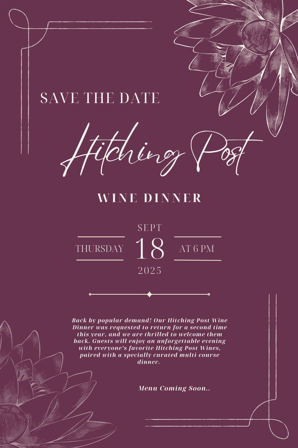 Hitching Post Wine Dinner (Thursday, September 18th)