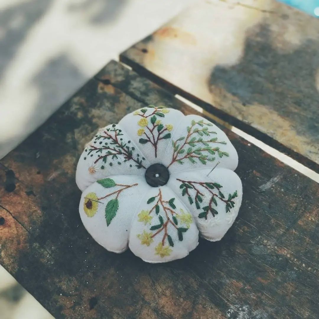 Daisy Mimosa Embroidered Pumpkin Pincushion