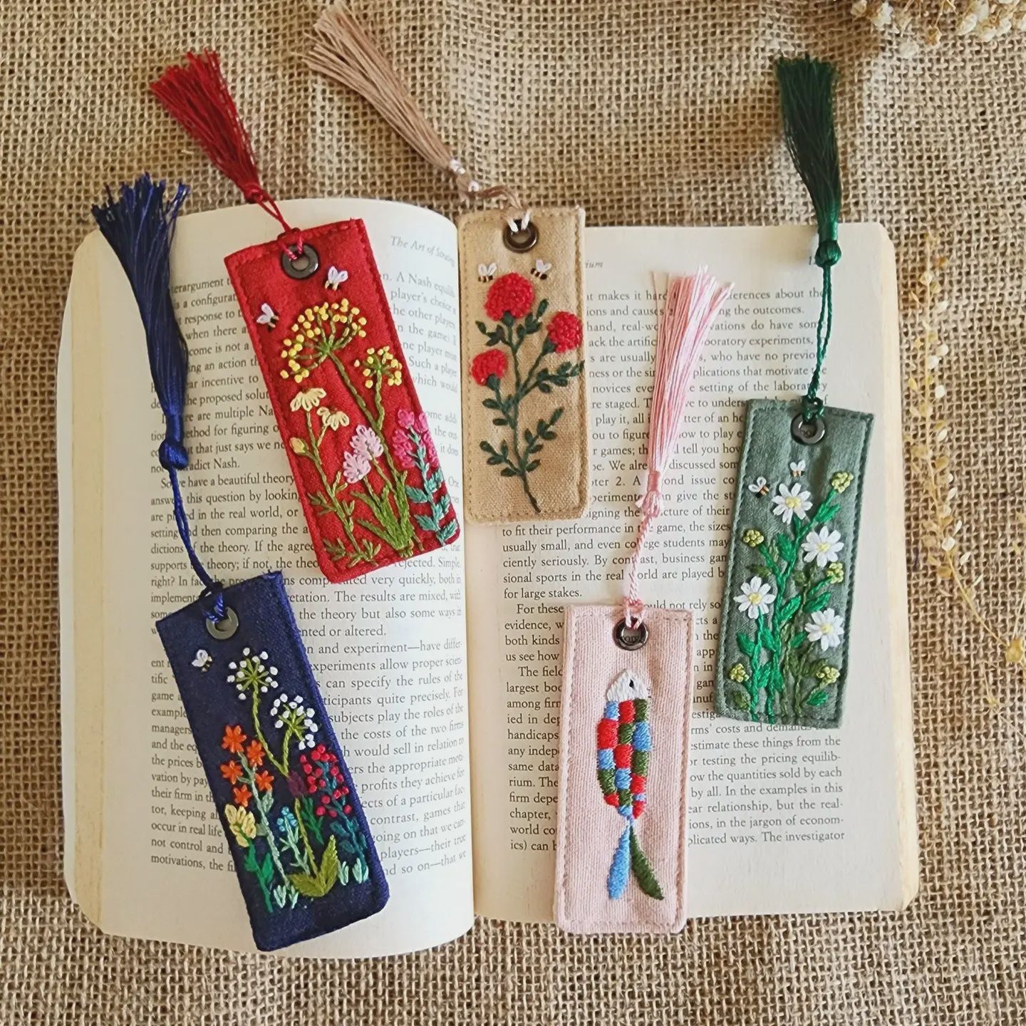 Vintage Linen Bookmark with Floral Embroidery - Flower Garden Red