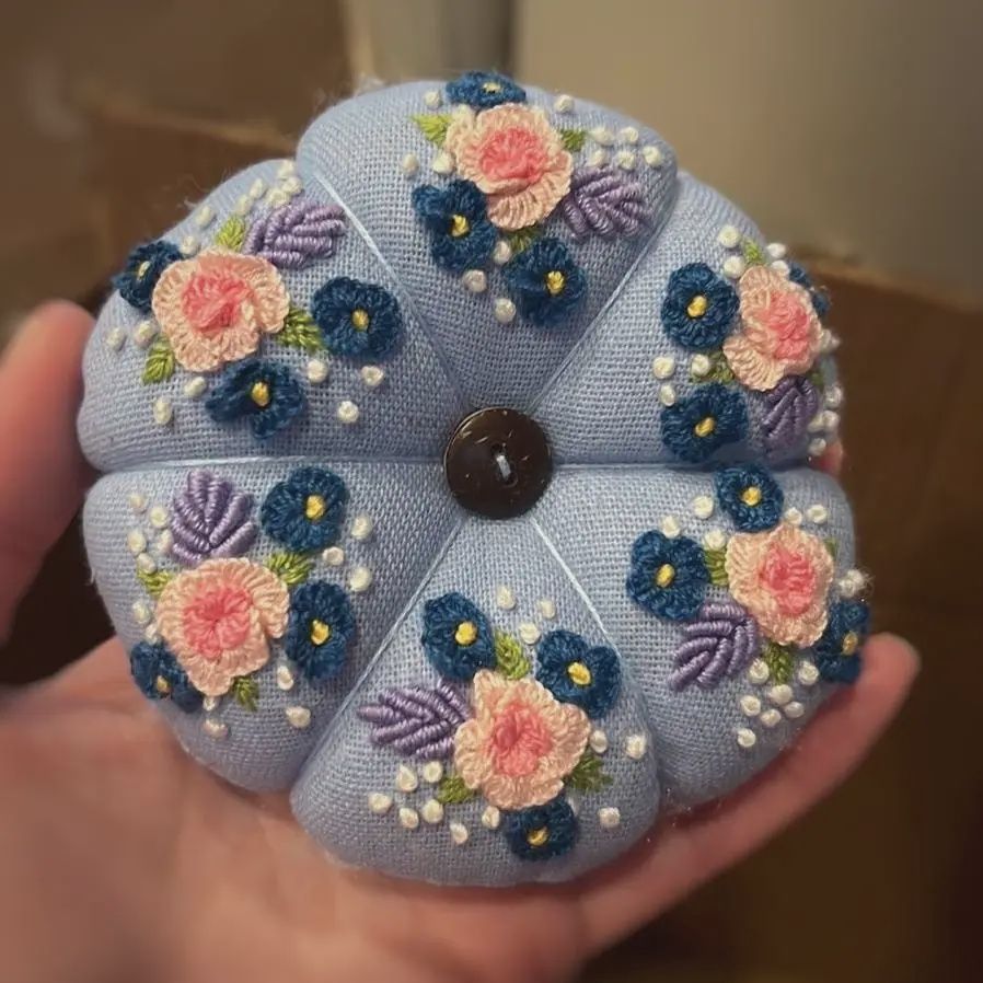 Blue Embroidered Pumpkin Pincushion with Roses