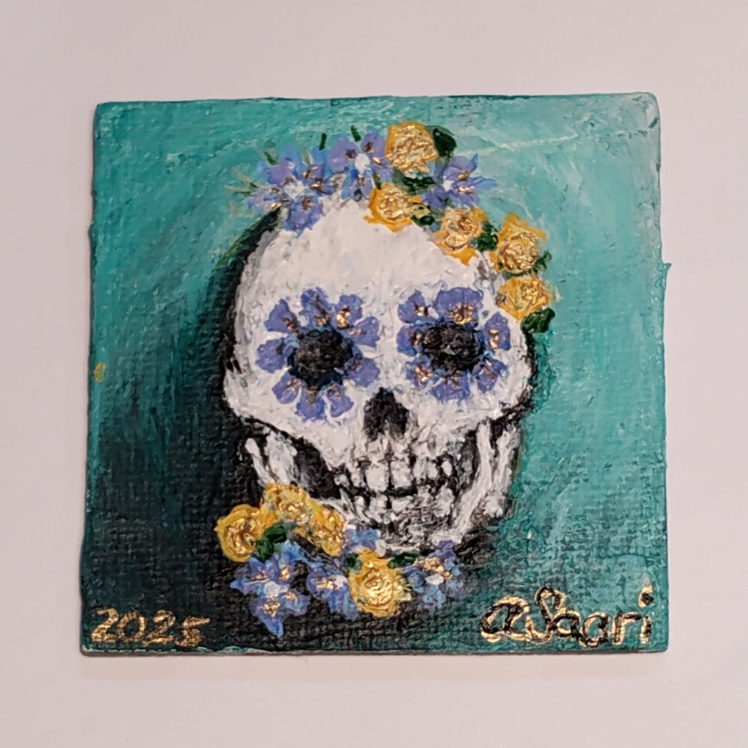 Blue + Gold Acrylic &amp; Gesso Painting 2.5&quot; x 2.5&quot; Magnet