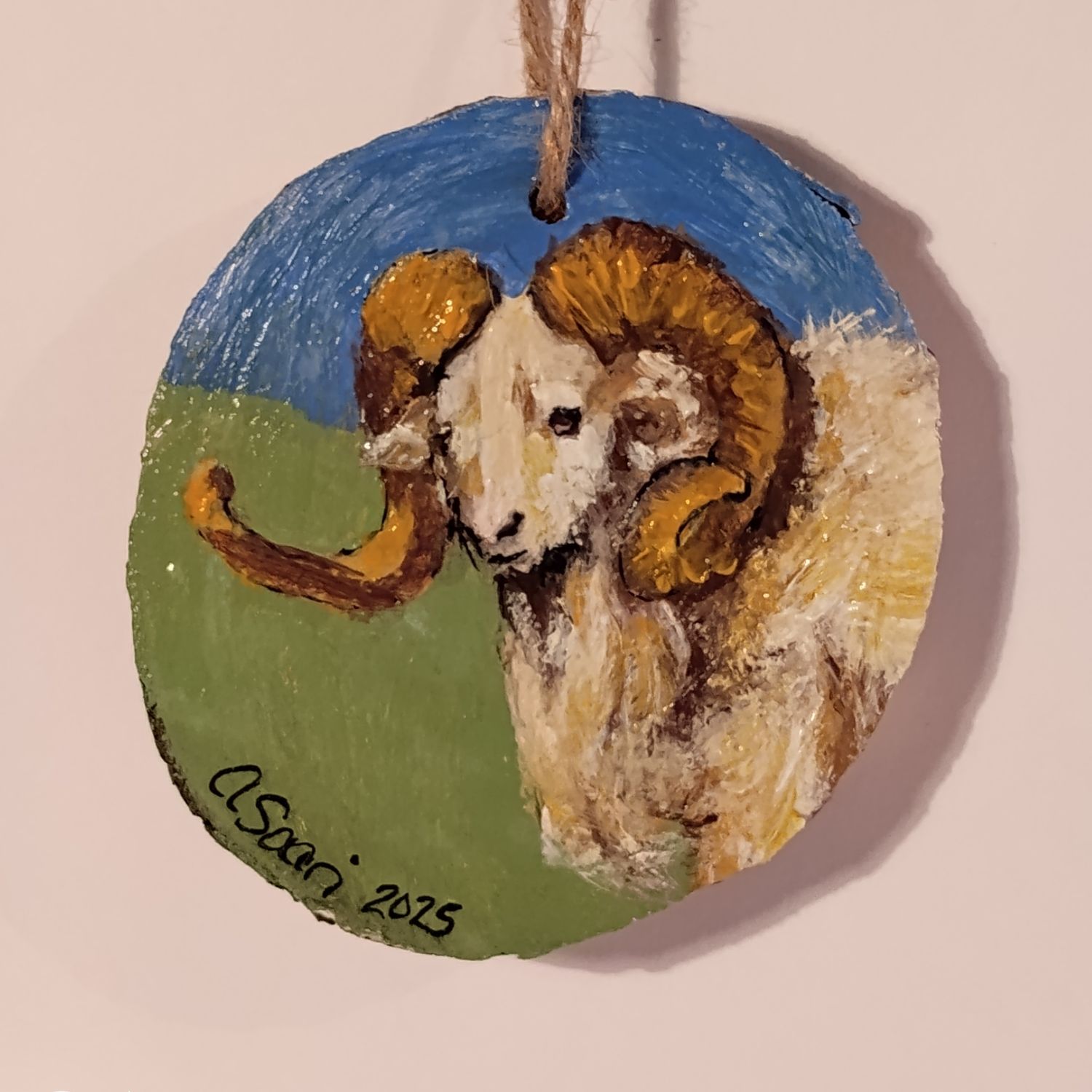 NH Ram - Aries Totem Ornament Acrylic Painting 3&quot; dia.
