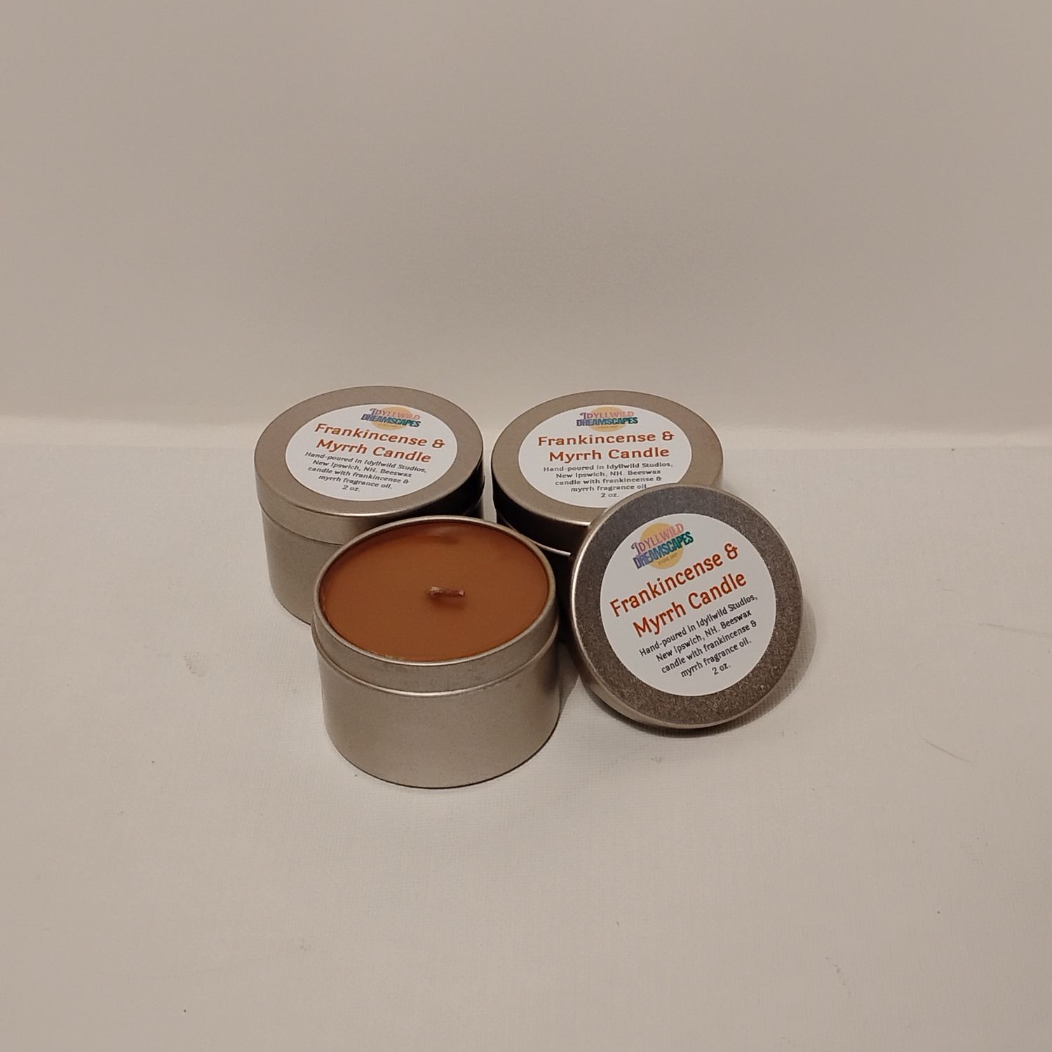 Frankincense &amp; Myrrh Beeswax Candle 2 oz. Gold Tin