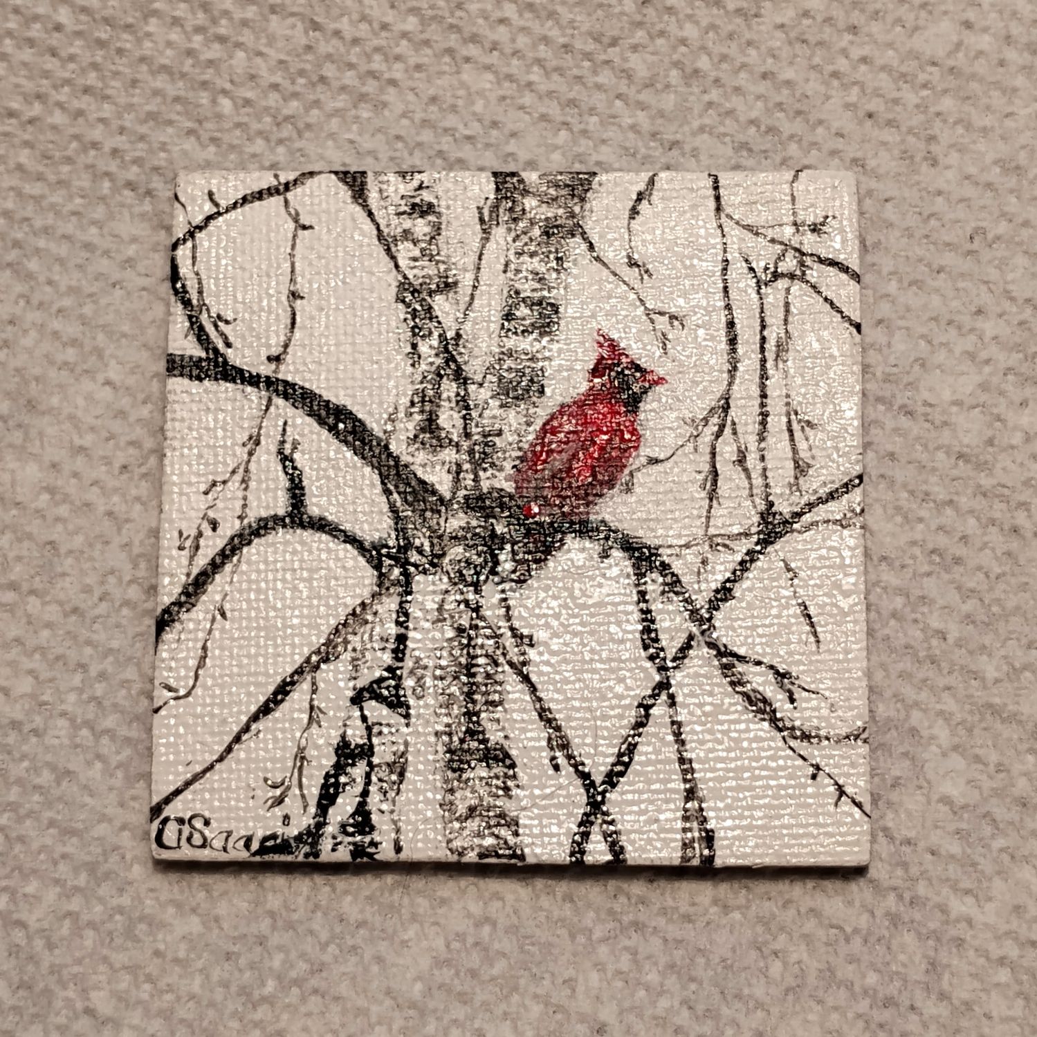 Cardinal in Birch Acrylic painting on canvas board w/ magnet