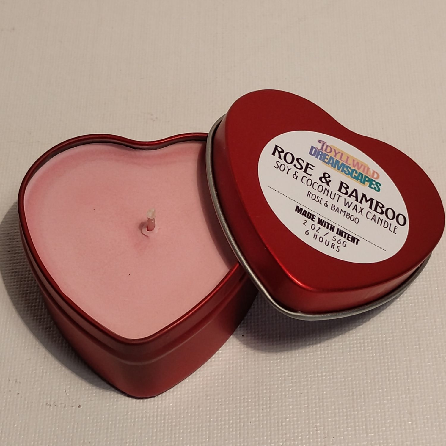 Intention Candle in Red Heart Tin - Rose &amp; Bamboo Scent