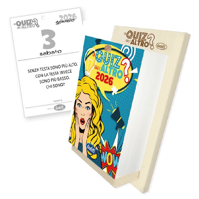 Calendario classico "Un quiz tira l'altro" con base in legno