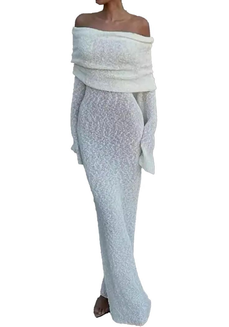 Shoulderless White Knitted Dress
