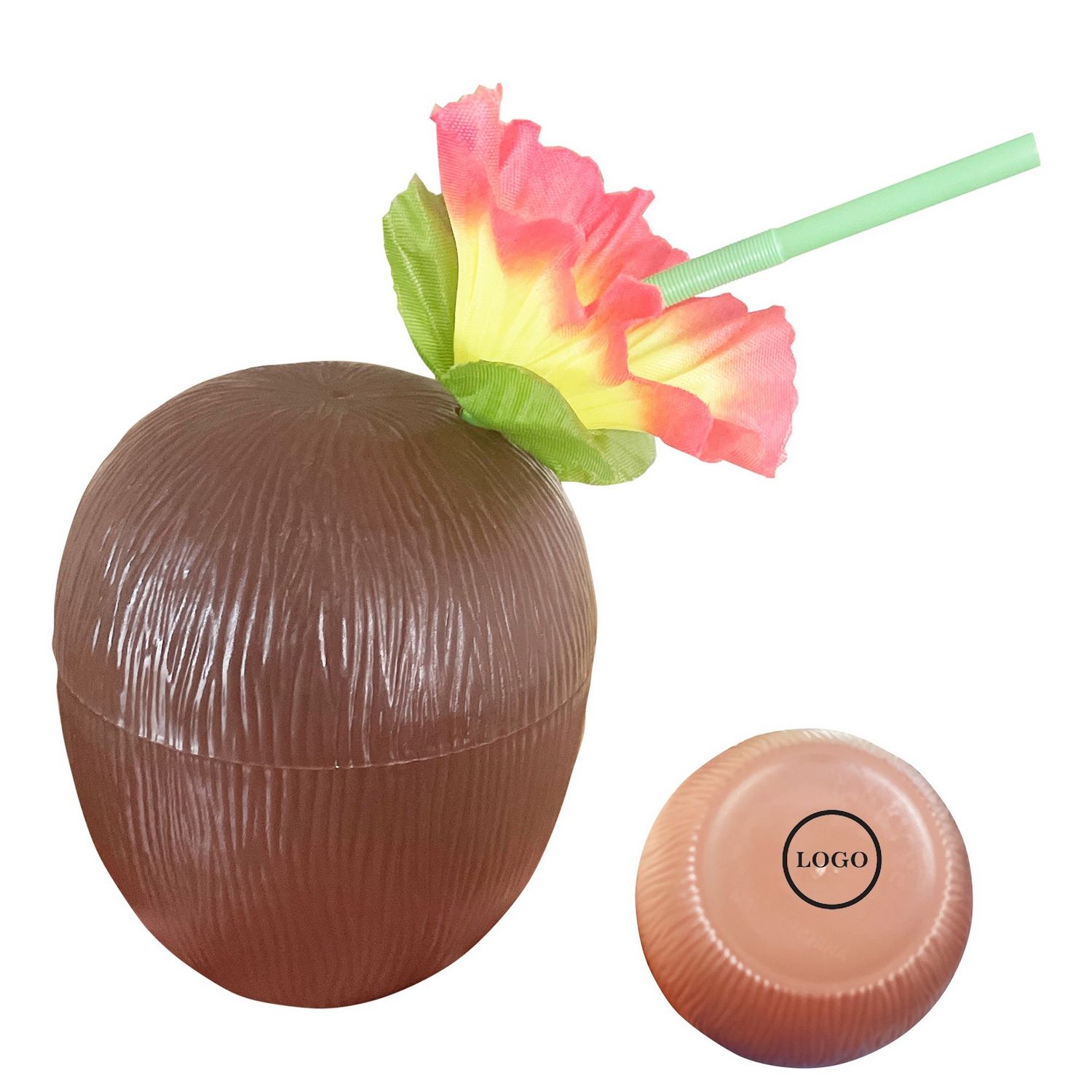 Vassos de plástico en forma de coco con sorbetos florales