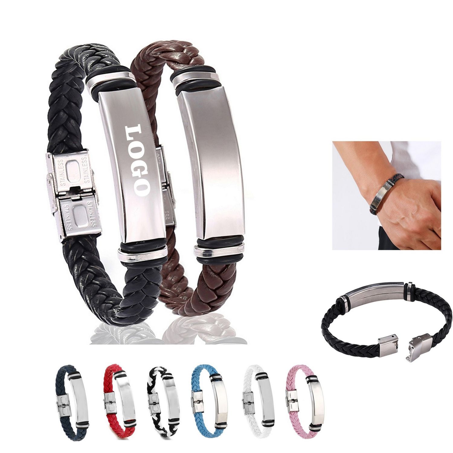 Pulsera de acero inoxidable con tejido de cuero