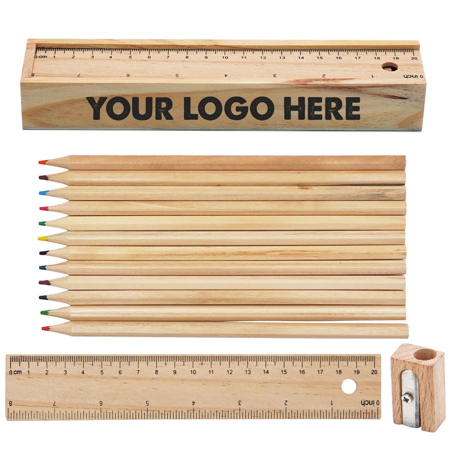 Set de 12 lápices de colores en caja de madera con regla