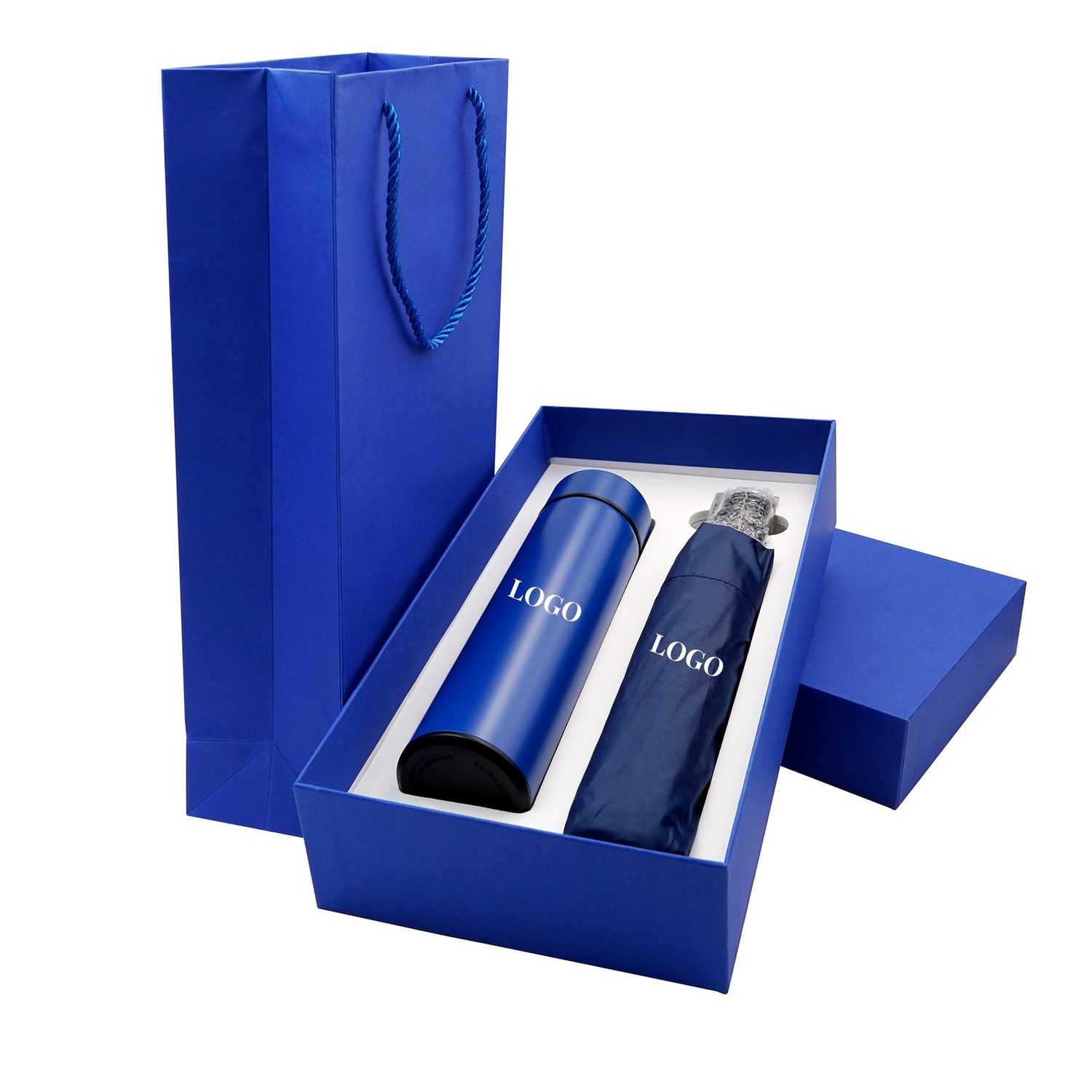 Elegante set de regalo incluyendo una botella térmica con pantalla digital y un paraguas automático