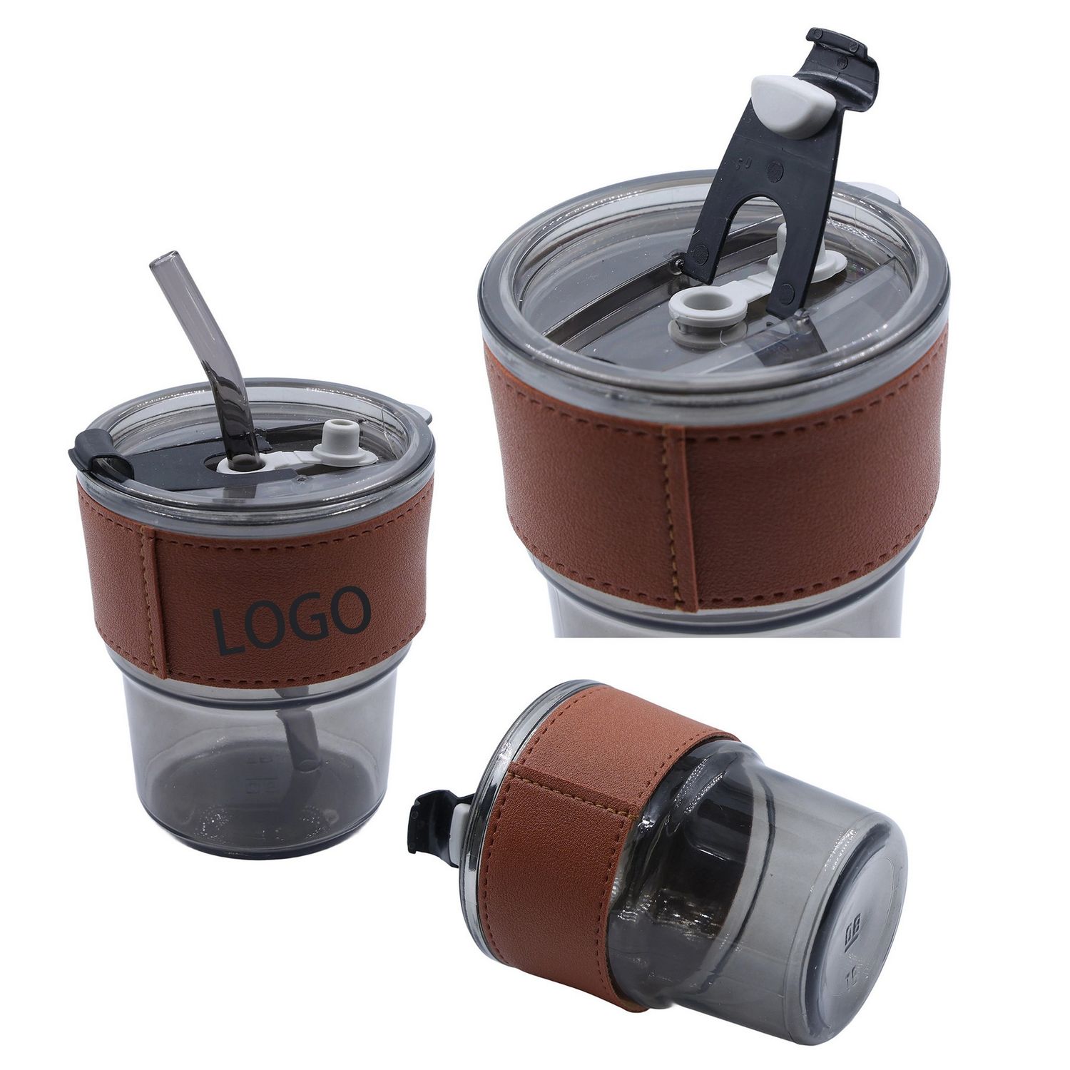 Vaso de 14 oz con tapa y agarradera en cuero