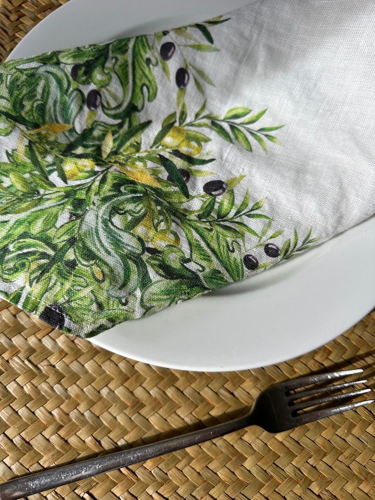Olive Leaves Linen Napkin Set of 2