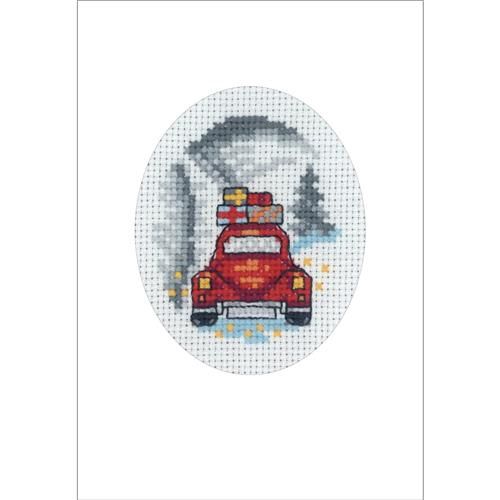 Borduurpakket kerstkaart Rode auto 9x13 cm