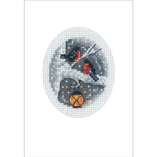 Borduurpakket kerstkaart Vogels in boom 9x13 cm