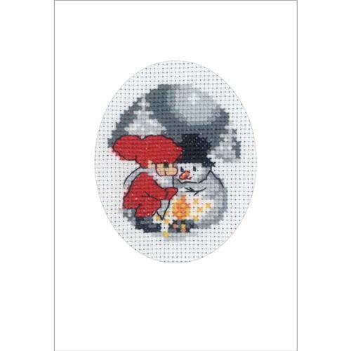 Borduurpakket kerstkaart Sneeuwpop &amp; Elf 9x13 cm