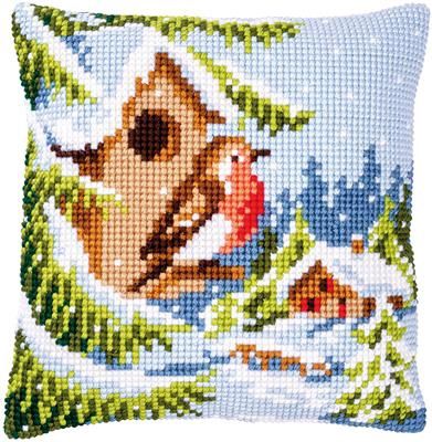 Kruissteekkussen kit roodborstje in de winter