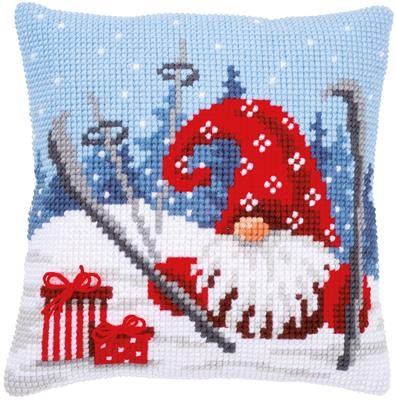 Kruissteekkussen kit kerstkabouter op ski&#39;s 2