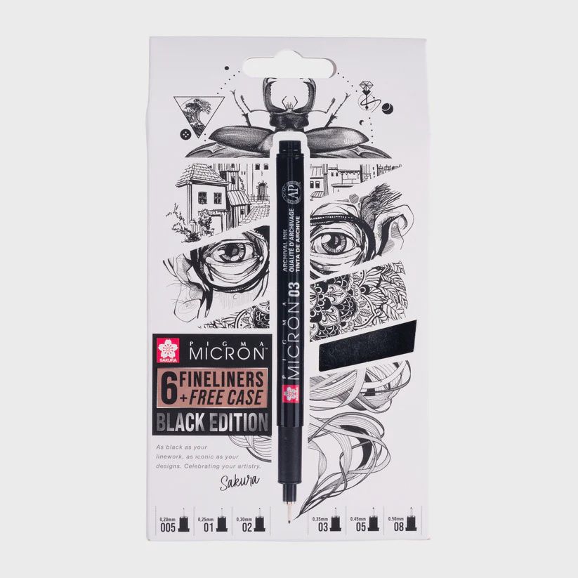 Sakura Pigma Micron Black Edition set + gratis etui | 6 pennen, zwart