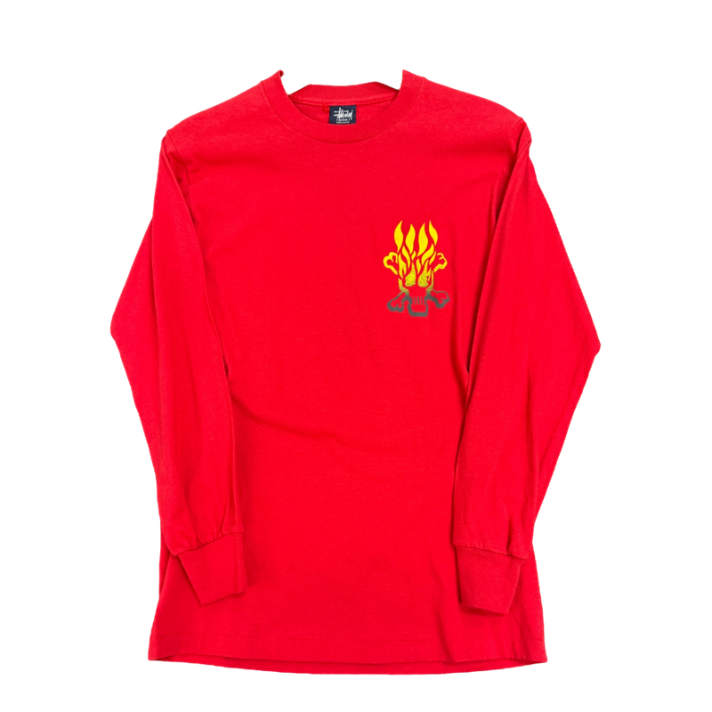 Red Stussy Flamming Skull Long Sleeve Shirt