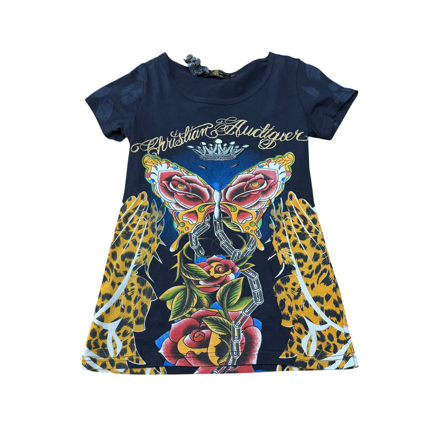 Christian Audigier Est. 1958 Los Angeles Y2K Rhinestone Rose and Dagger Tee