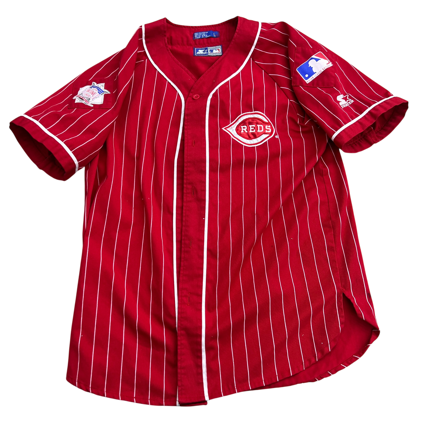Vintage Starter Cincinnati Reds Pinstripe Baseball Jersey, Size: L