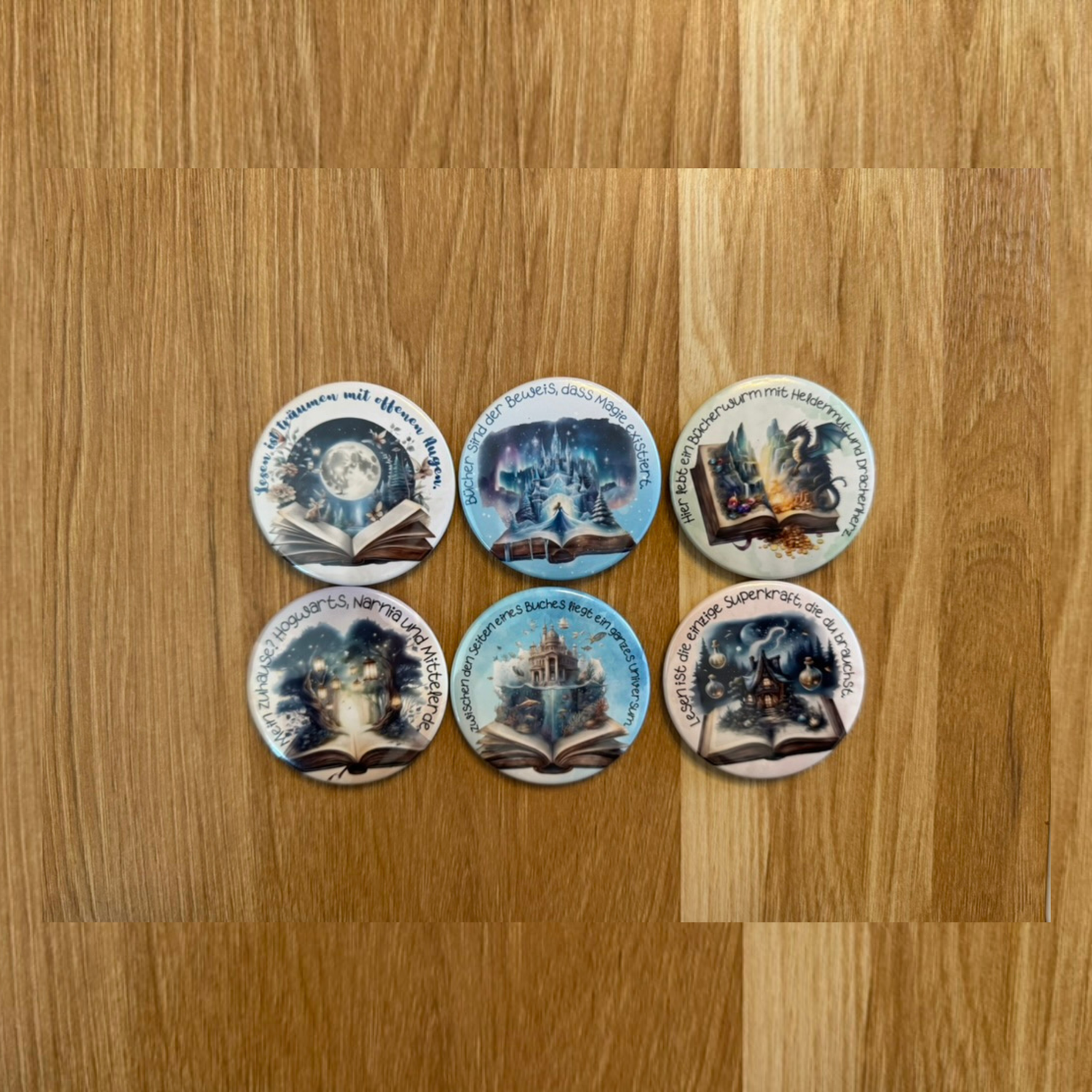 6 runde Magnete (59mm) für Bücherwürmer