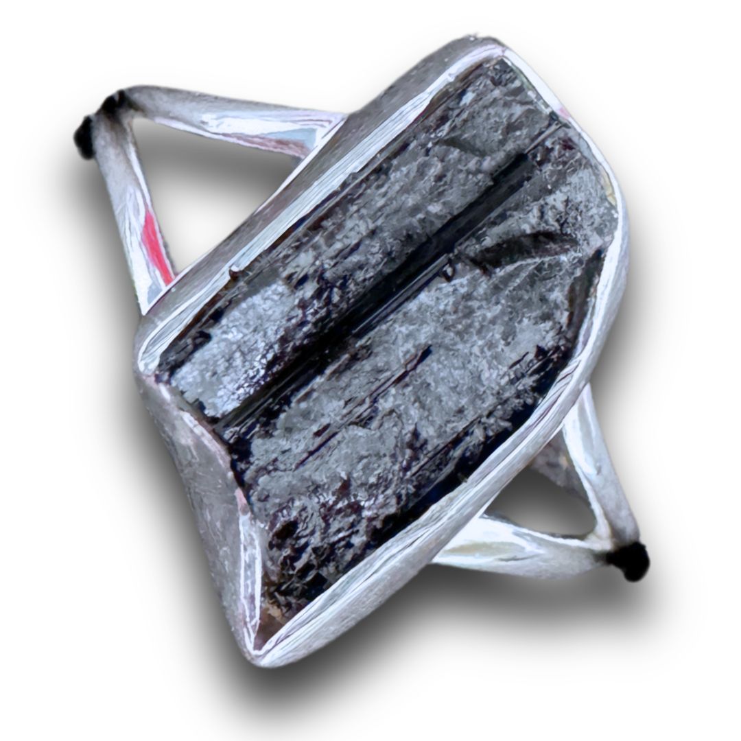 Black Tourmaline Rough Ring Sterling Silver 925, Style: Split Shank, Size: 8