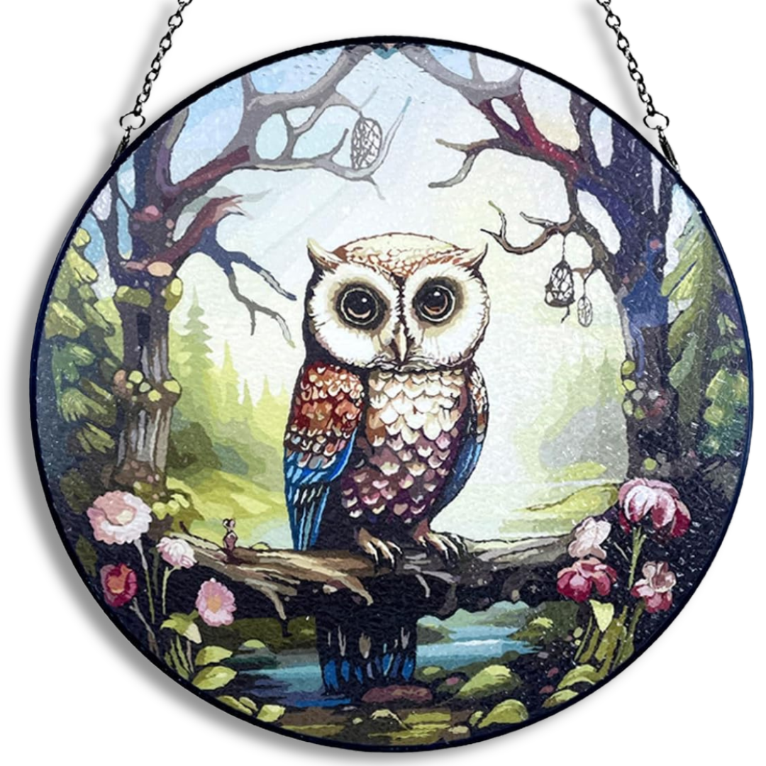 Stained Glass Window Hanging Owl (10" round)