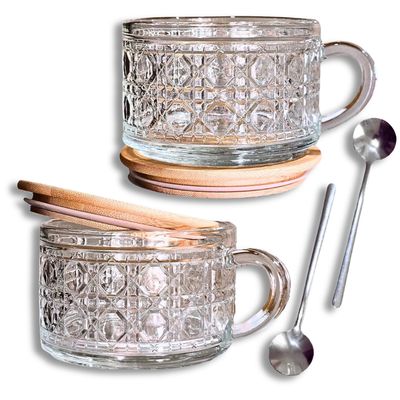 Coffee Mugs w/Spoons - Vintage Diamond Pattern Glass (2)