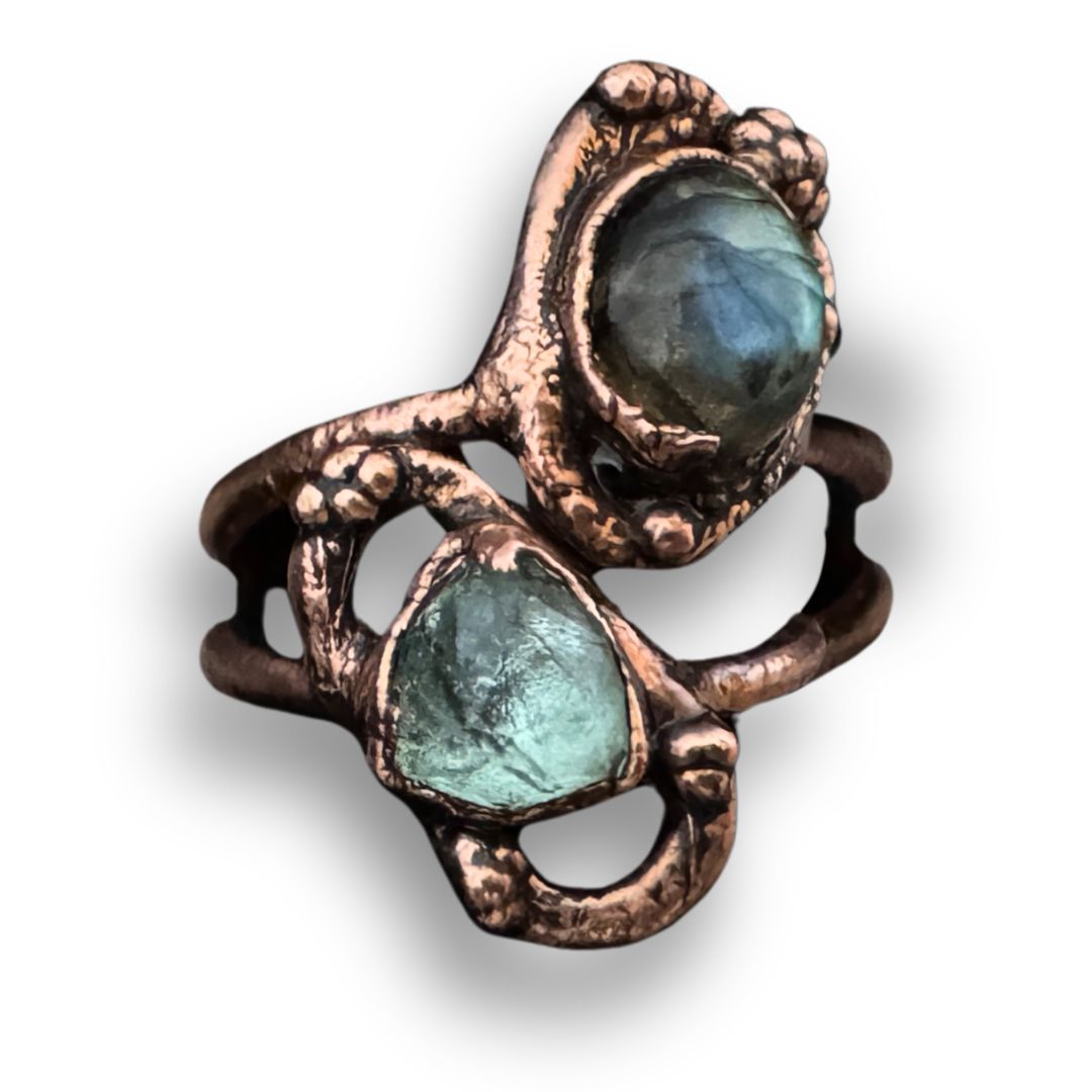 Electroformed Split Shank Copper Ring Green Tourmaline and Labradorite (7)