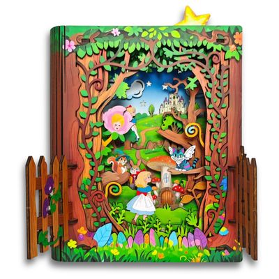 3D Painted Wooden Puzzle Alice in Wonderland Book Nook Kits with Night Light