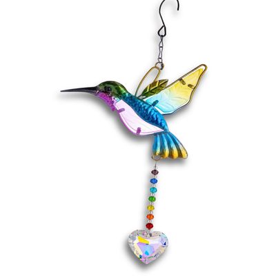 Stained Glass Hummingbird Suncatcher with Crystal
