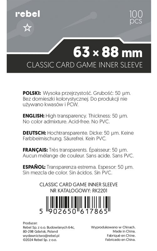 Koszulki na karty Rebel Corvus Inner Sleeve Light 63 × 88 mm – 100 szt.