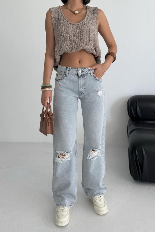 Blaue Mom Jeans Mit Hoher Taille Und Knopfleiste