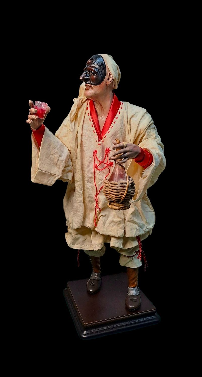 Terracotta Pulcinella with tambourine statuette 32 cm