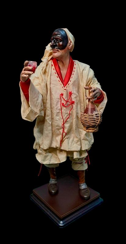 Pulcinella terracotta statuette with a flask of wine, size 32 cm