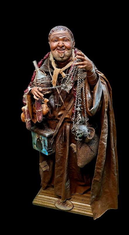 Munaciello statuette Neapolitan style 18th century, handmade terracotta shepherd monk with glass eyes