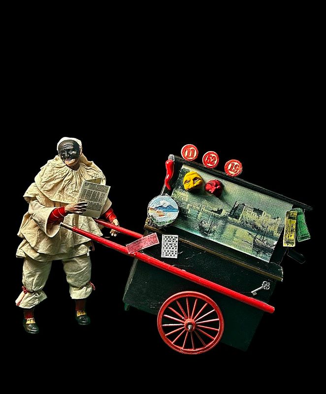 Pulcinella, a Neapolitan shepherd with a cart, an 18th-century style nativity scene in terracotta, hand-painted by the Artena