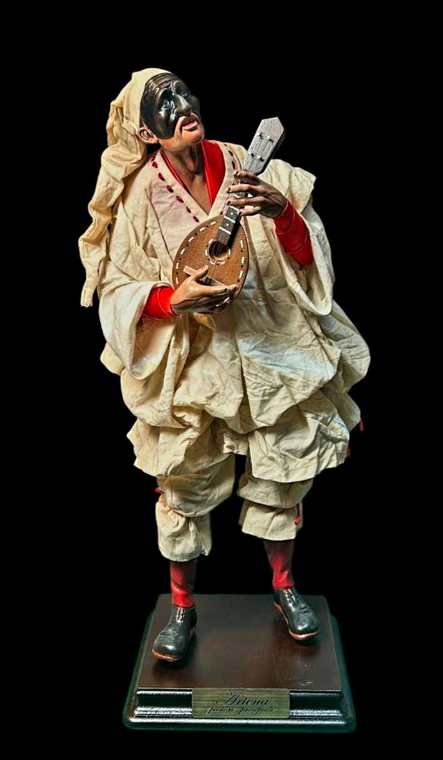 Terracotta Pulcinella with mandolin statue, 30 cm