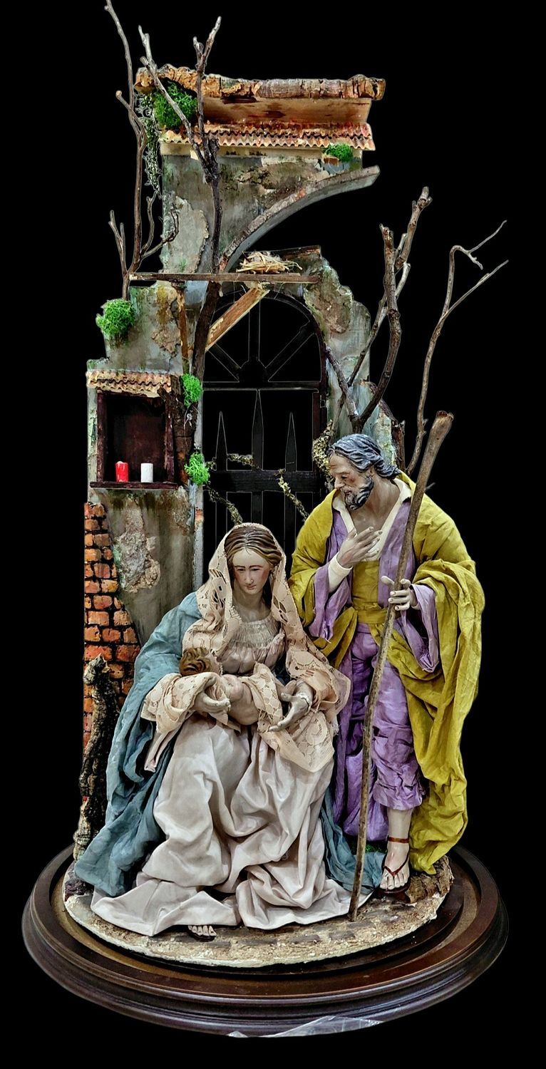 Nativity scene with 18th century glass bell temple - shepherds size 32 cm