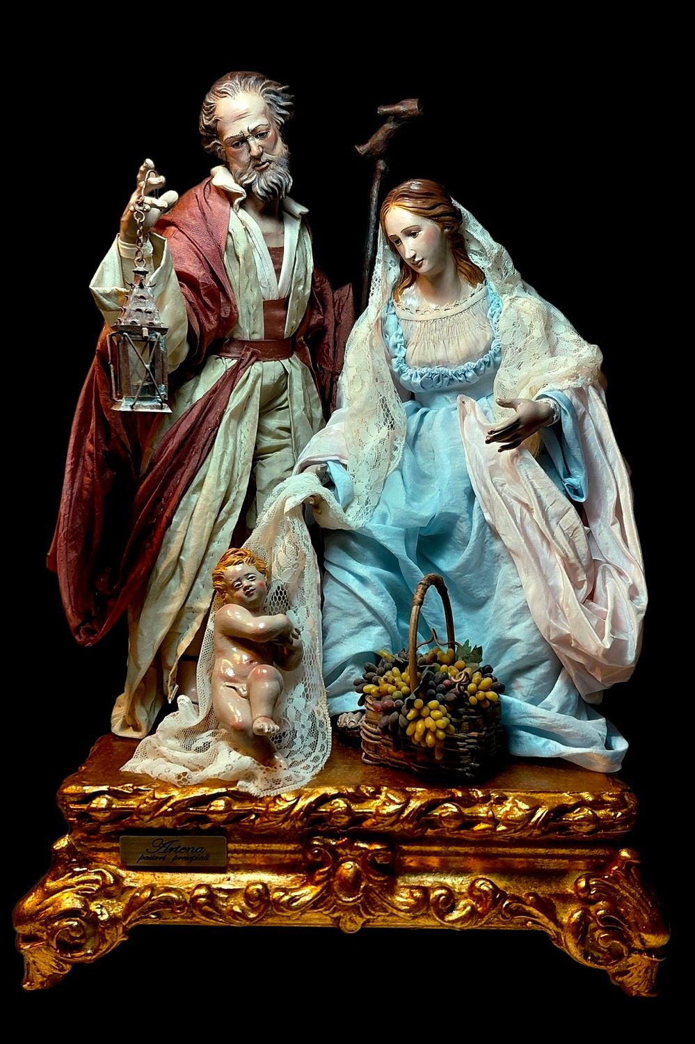 18th century Neapolitan style nativity scene with wooden baby Jesus