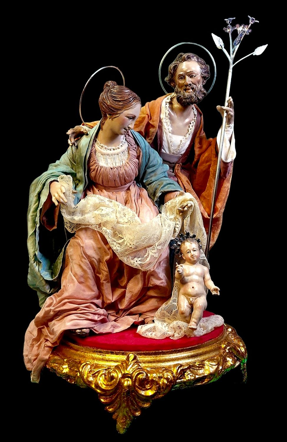 18th century Neapolitan style nativity scene with wooden baby Jesus