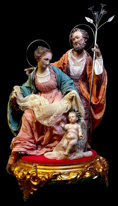 18th century Neapolitan style nativity scene with wooden baby Jesus