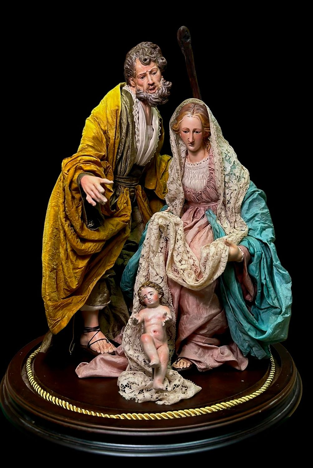 18th century Neapolitan style nativity scene with wooden baby Jesus