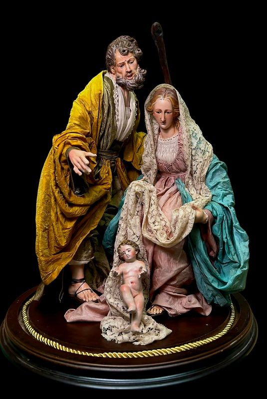 18th century Neapolitan style nativity scene with wooden baby Jesus